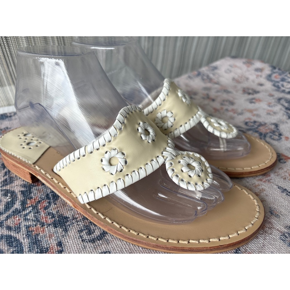 Jack Rogers Jacks Flat Sandal Cream White Leather Whipstitch Thong Size 8M